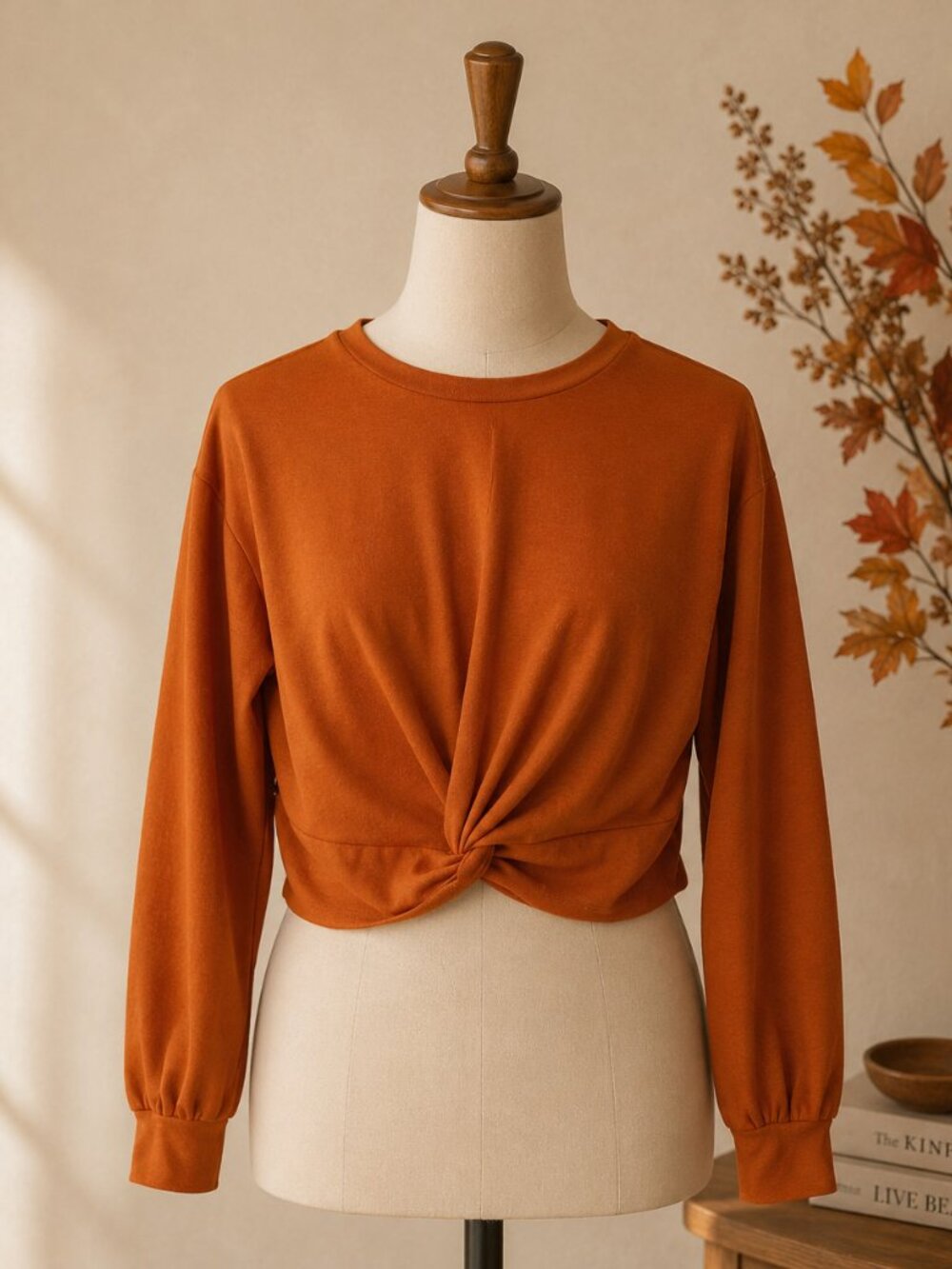Zaful M Rust Twist Front Crop Top Long Sleeve Crew Neck Casual Women